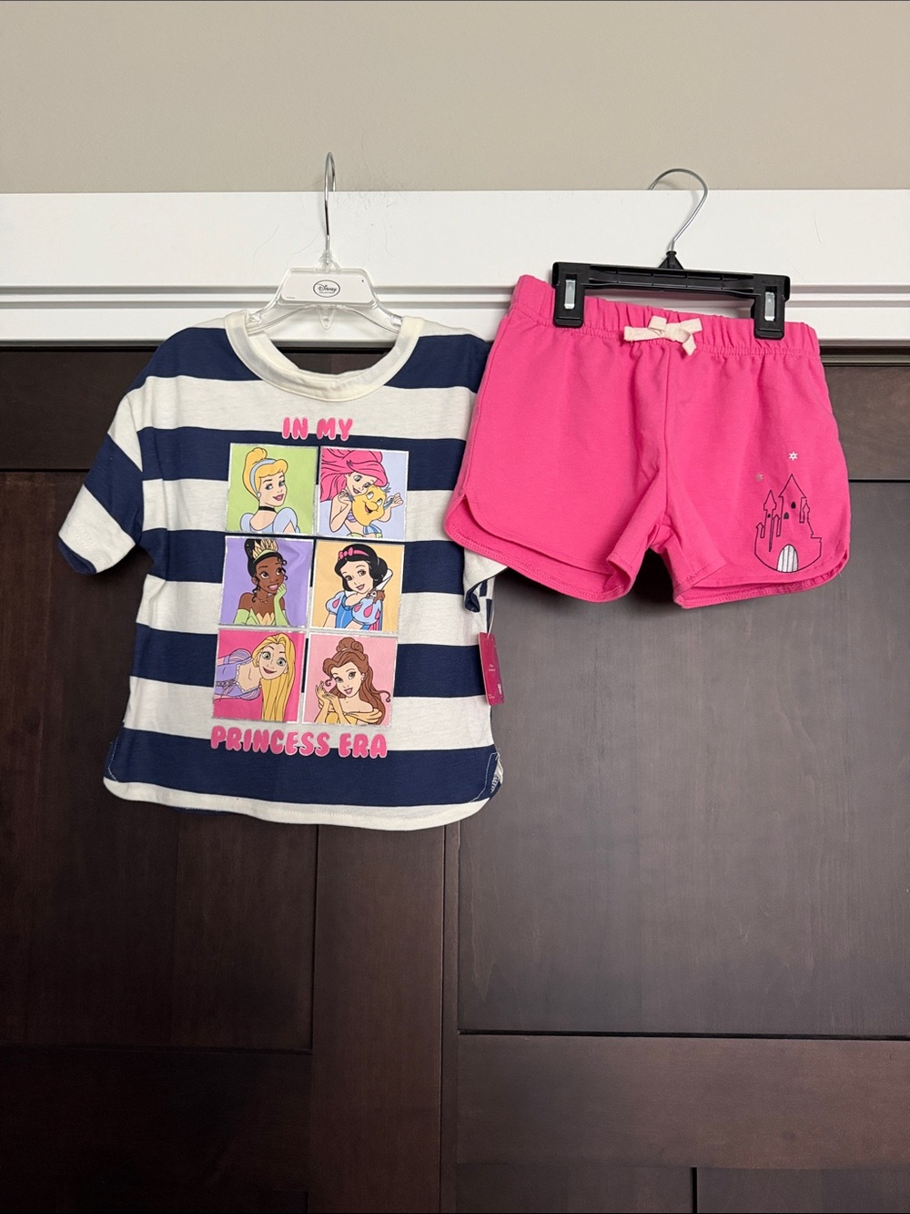 Disney Girls Navy White Striped Princess Graphic Tee & Hot Pink Shorts Set